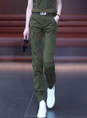 军绿色工装裤女式夏季薄2025新款小号大尺寸绑腿纯棉休闲直筒裤