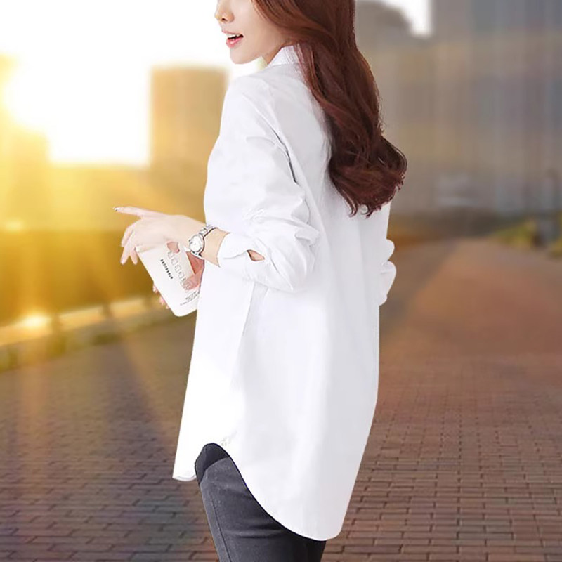 纯棉白色衬衫女中长版2025春秋新款休闲宽松长袖内搭衬衫外穿上衣