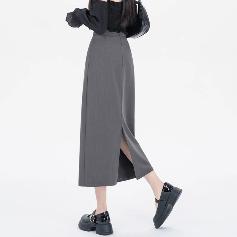 后开叉灰色西装半身裙女2025年春秋新款直筒半裙高腰包臀一步长裙