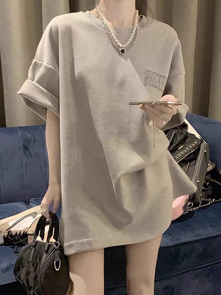 欧货大版短袖t恤女2025夏季新款覆古字母印花百搭宽松中长款上衣