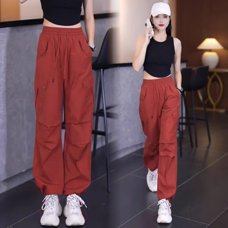 工装裤女夏季薄款2024年新款宽松直筒美式运动裤松紧腰束脚阔腿裤