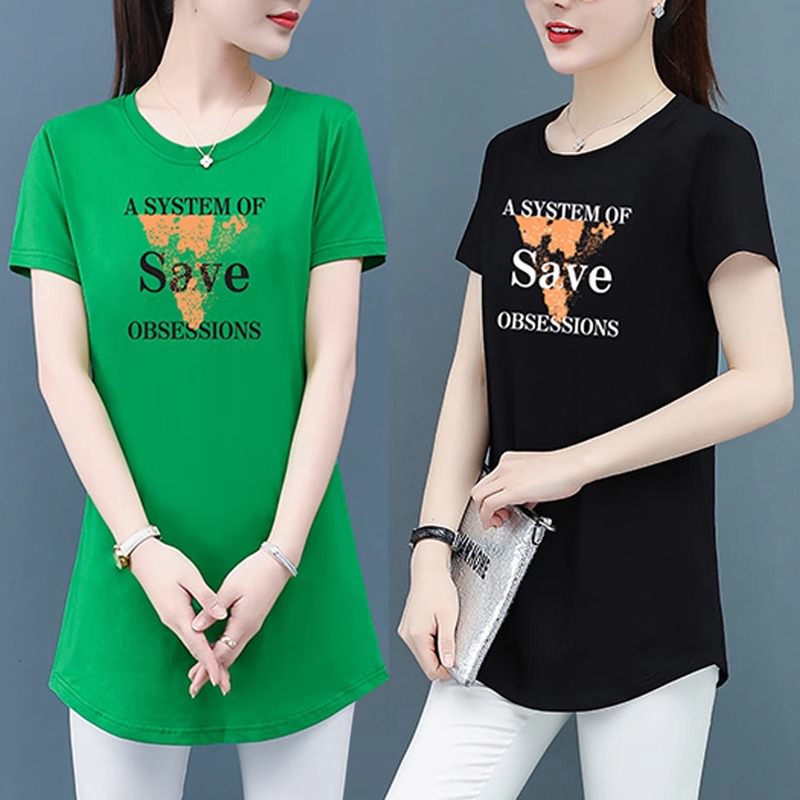 时尚纯棉中长款短袖T恤女夏季新款大码女装修身显瘦打底衫上衣服