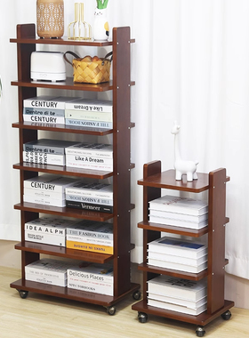 书桌旁小书架实木落地置物架移动带轮家用书柜简易靠墙侧边收纳架