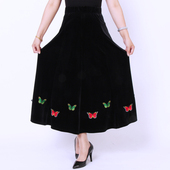 金丝绒绣花民族风大码 半身裙春秋冬新款 中长款 中老年跳舞大摆裙子