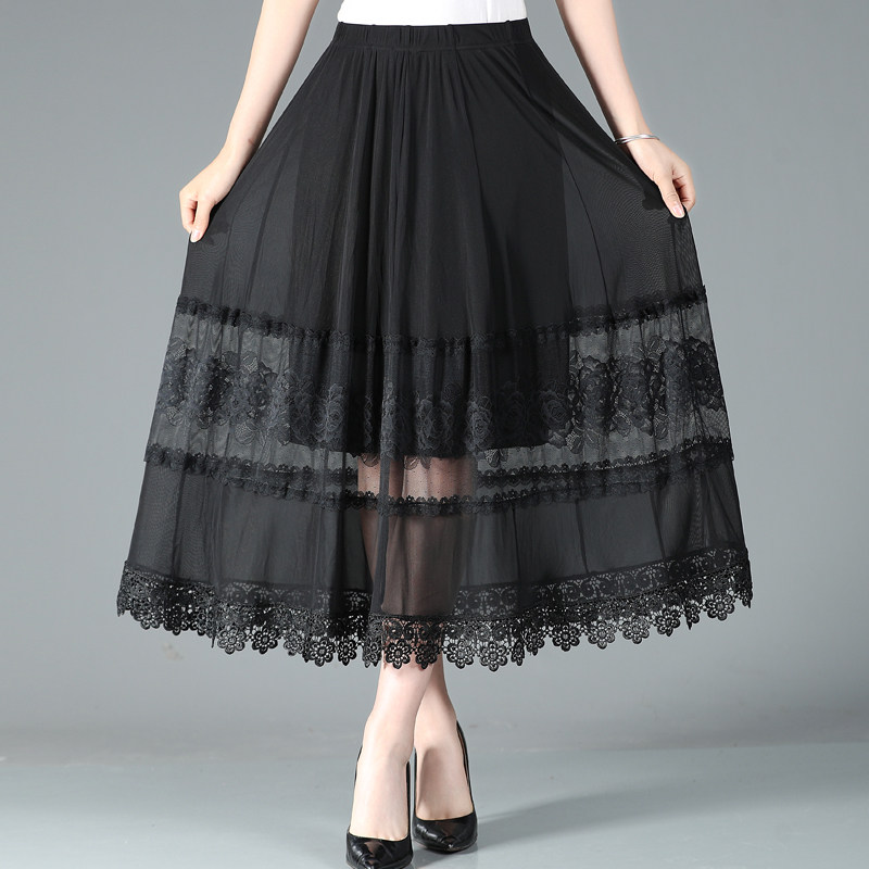 新款夏季中年女士妈妈蕾丝百搭半身裙渡假中裙松紧腰广场跳舞裙夏