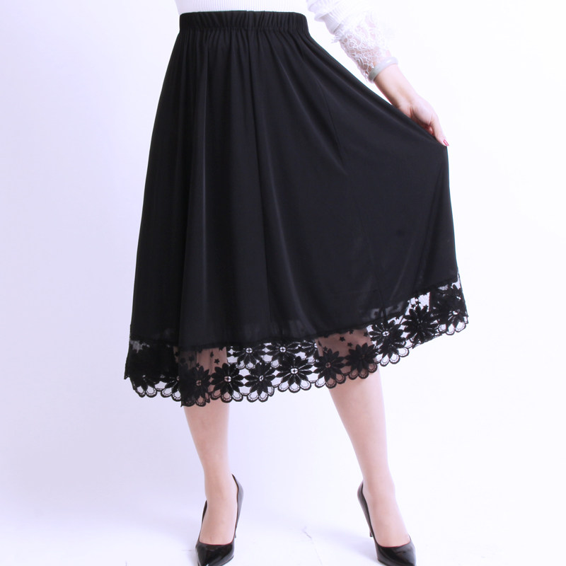 夏季新款中老年人半身裙夏中年妈妈装松紧腰中长黑裙女跳舞大摆裙