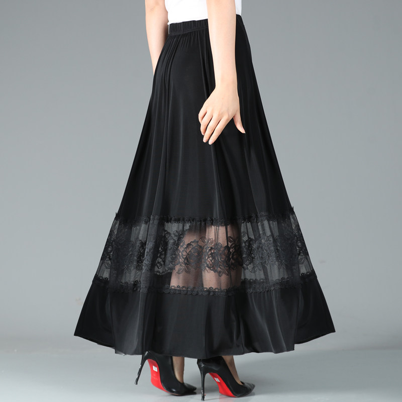 新款夏季中年女士妈妈蕾丝百搭半身裙渡假中裙松紧腰广场跳舞裙夏