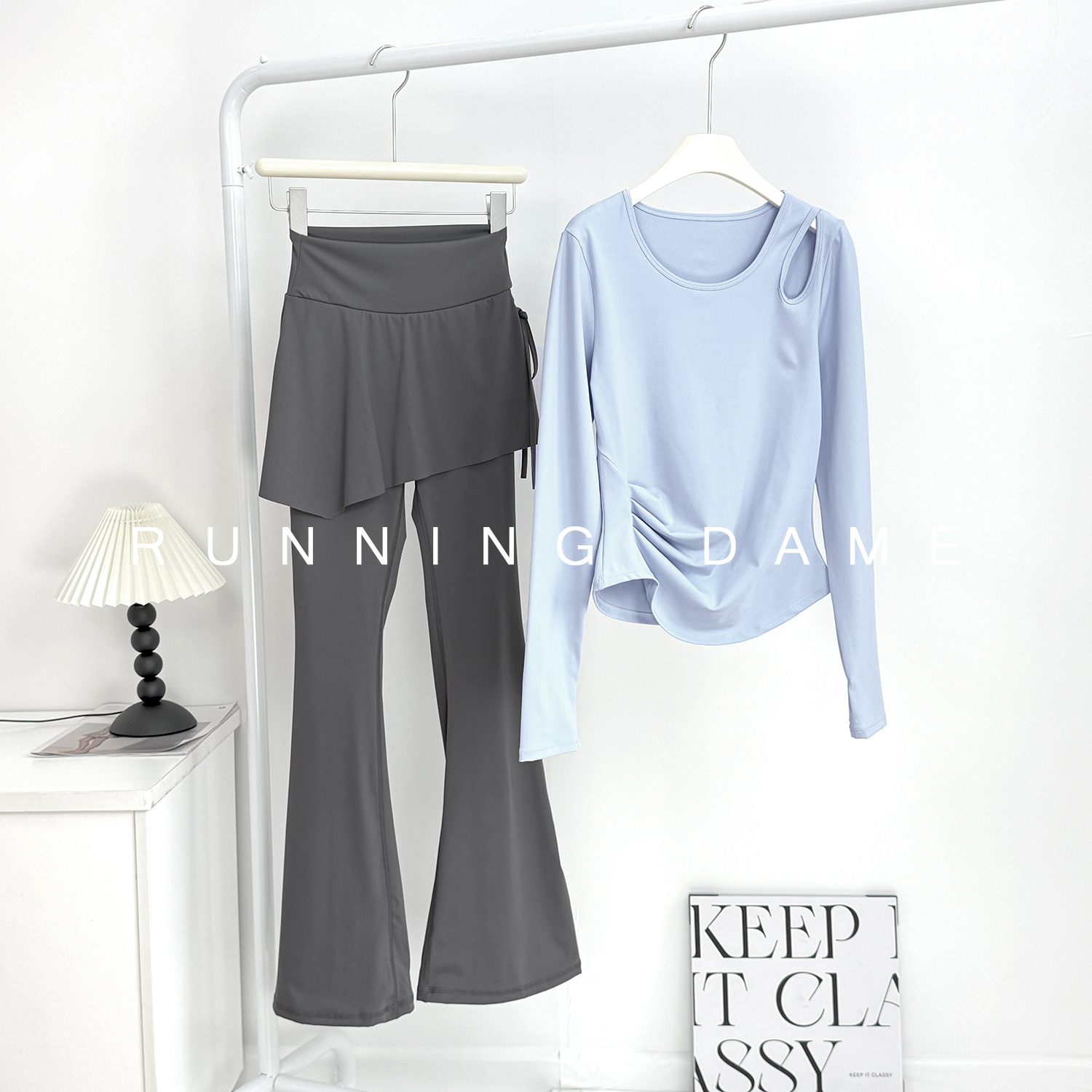 设计感镂空瑜伽长袖假两件微喇裤普拉提健身运动套装女显瘦速干