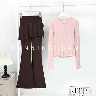 螺纹上衣女两件套运动健身 高腰瑜伽裤 2025抽褶短袖 假两件微喇裤