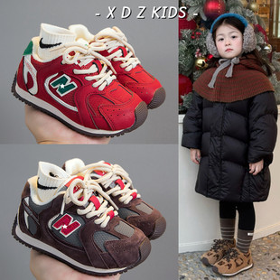 男童鞋 女童真皮老爹鞋 加绒保暖儿童红色N字运动鞋 冬季 子 2025新款