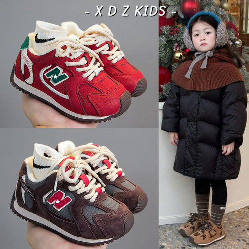 过年喜庆红色儿童加绒老爹鞋软底