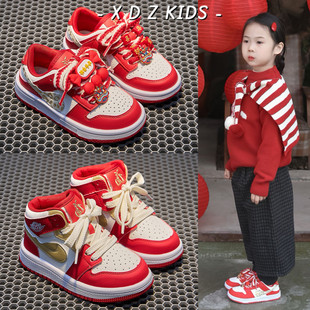 儿童运动鞋2025新款马年喜庆红色鞋子女童休闲板鞋男童加绒二棉鞋