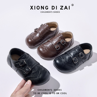 女童加绒黑色小皮鞋2026冬季男童英伦风软底乐福鞋真皮儿童棉鞋冬