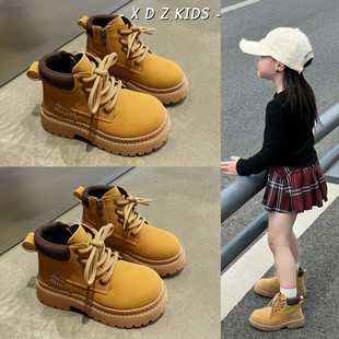 新款 女童真皮马丁靴2024秋季 中大童英伦风黄色靴子男童百搭小黄靴