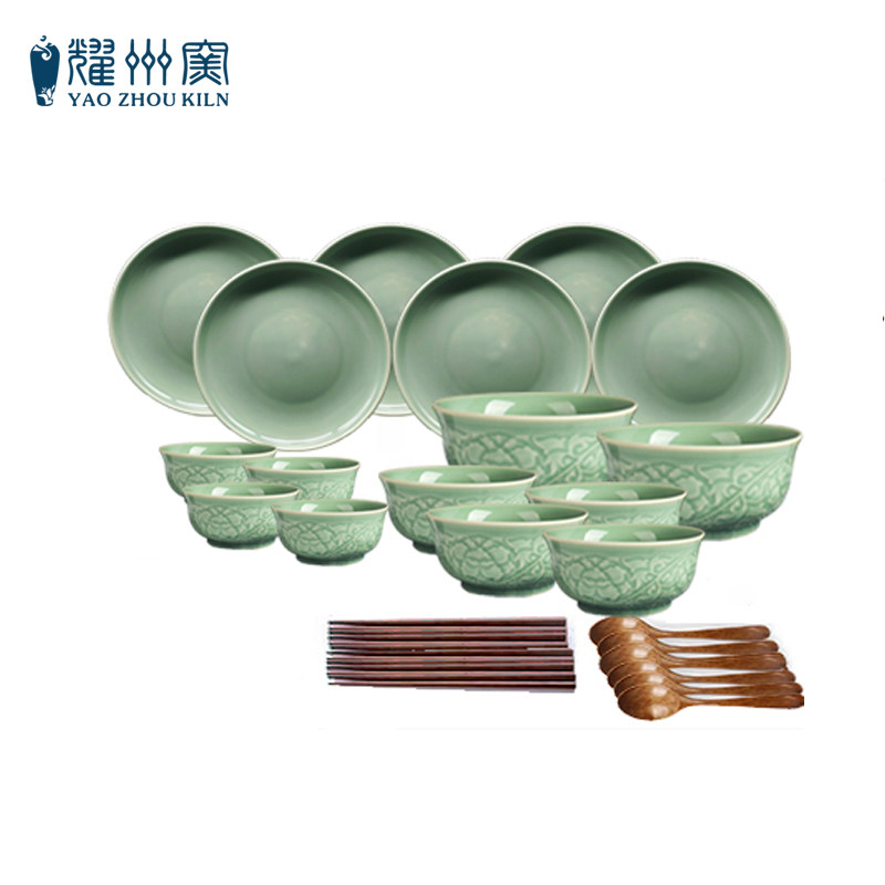 青秘耀州窑青釉刻花餐具套装家用米饭碗汤盘面碗创意青瓷简约组合