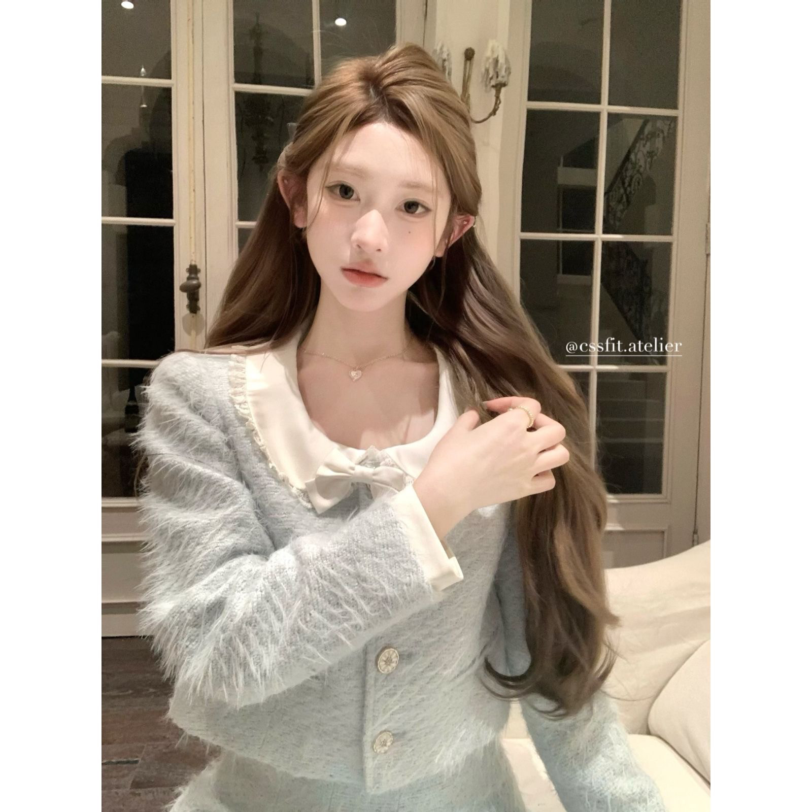 甜美少女感缎面蕾丝花边娃娃领小香风外套女冬季新款半身裙两件套