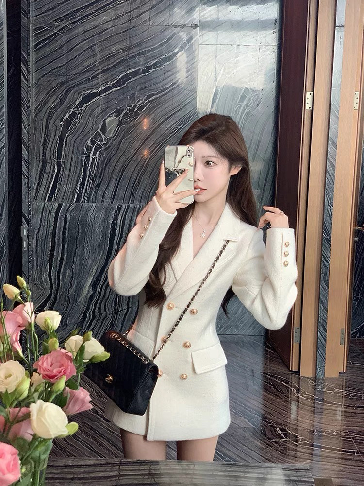 富婆小香风中长款毛呢西装外套女气质名媛高级感修身显瘦大衣