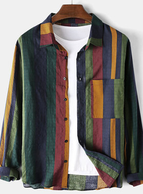 2020 Vintage Stripe Shirt Men Long Sleeve Blouse绿色格纹休闲