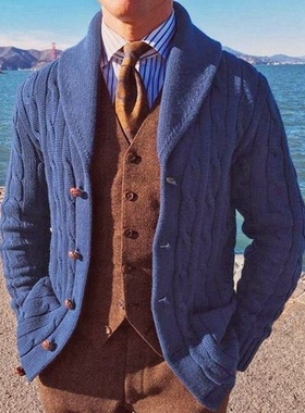 2023欧美秋冬新款装长袖针织外套翻领蓝色开衫毛衣