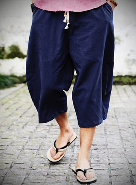 Hai Ding le Summer drawstring cotton and linen cropped pants