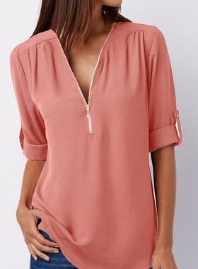 v领雪纺黑色墨绿色白色衬衫玫红色深蓝色灰色砖红色粉色藏青色女