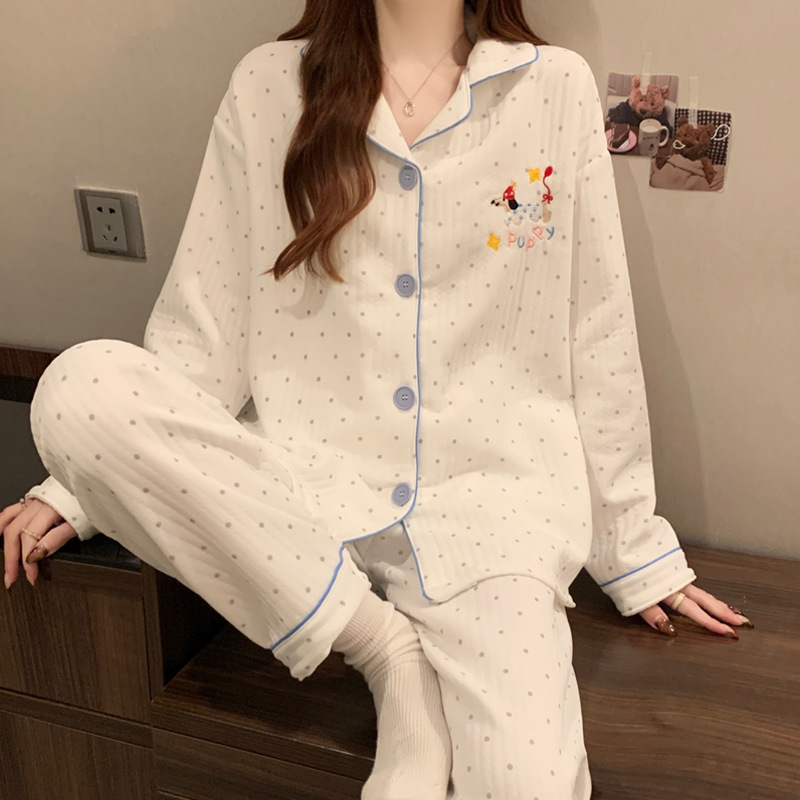 保暖睡衣女春季新款空气棉夹层韩版秋冬卡通可爱腊肠狗家居服