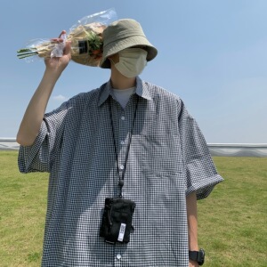 T85*新款格子衬衫短袖夏季韩版宽松休闲外套P48图片