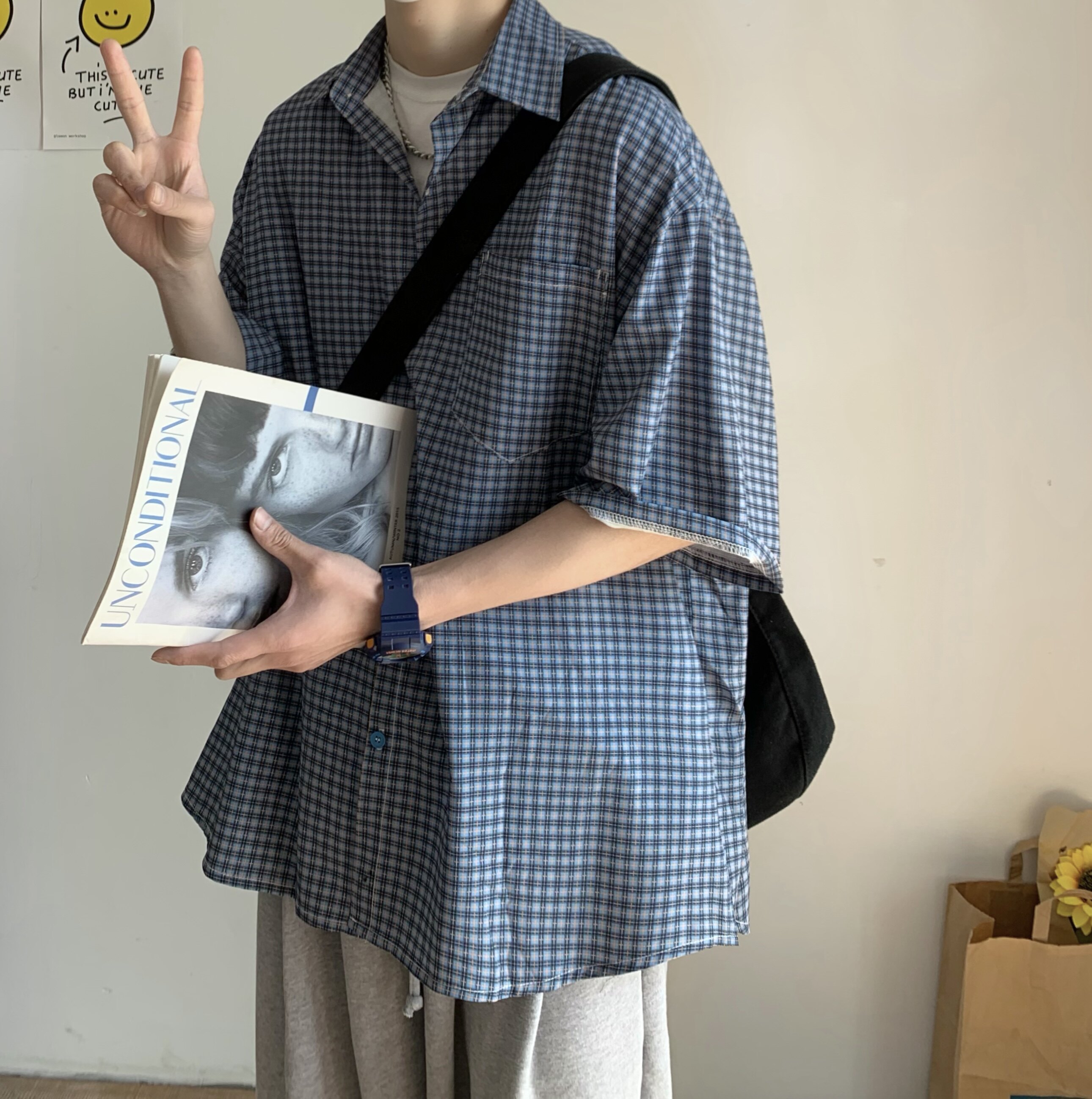 T60*2022格子短袖衬衫夏季ins休闲宽松外套P48控58,男装T恤,星座617A(原A401)