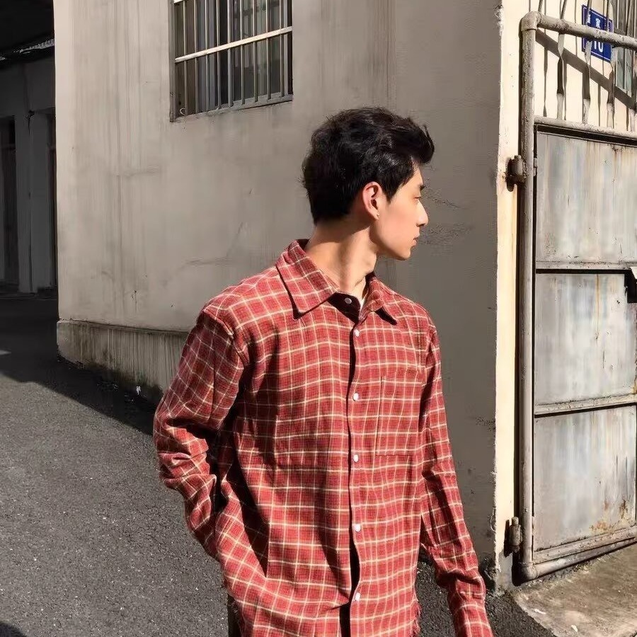 红色休闲格子2025衬衫外套安可拉红秋季新款长袖宽松慵懒衬衣P50，男装衬衫，星座617A(原A401)