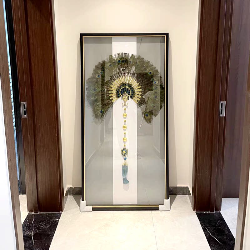 玄关入户画新中式孔雀羽毛画立体手工大气过道高档竖版过道壁画