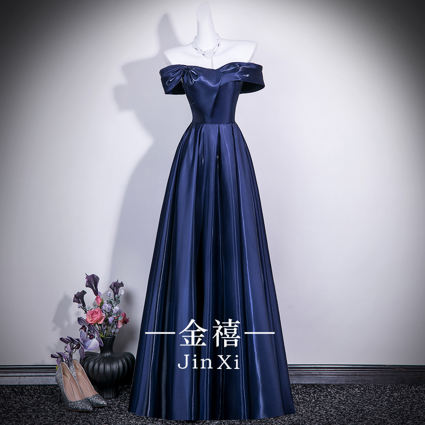 蓝色成人礼服钢琴声乐艺考主持裙图片