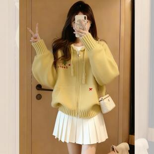 韩系慵懒松弛感新年小树连帽拉链开衫毛衣女款2026新款秋冬季穿搭
