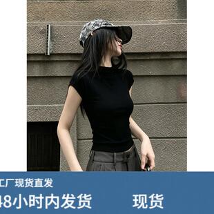 黑色半高领正肩短袖T恤女士夏季紧身修身显瘦高端白领小上衣欧货