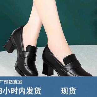 2026新款中老年女黑色软皮高跟鞋软底单鞋耐磨女士一脚蹬工作皮鞋
