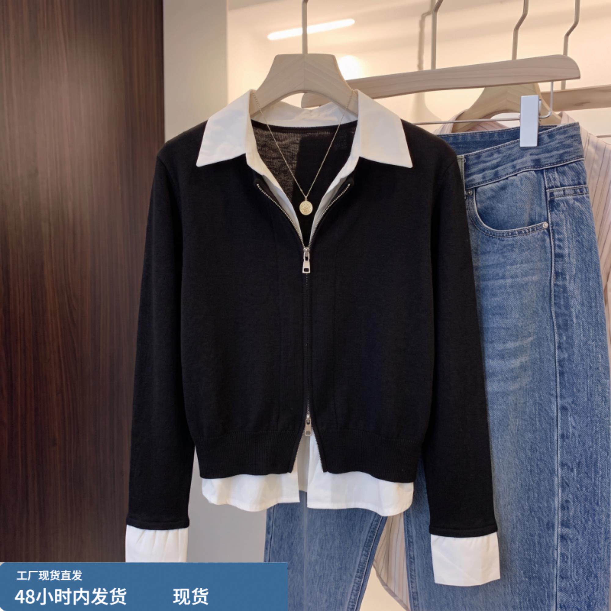 假两件衬衫拼接翻领针织衫女秋季大码胖mm时尚洋气双拉链显瘦上衣