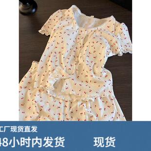 少女甜美樱桃印花睡衣女夏季薄款带胸垫短袖短裤家居服套装可外穿