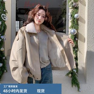 卡其色羊羔毛翻领PU皮棉服女短款2025冬季韩系酷飒机车派克服外套