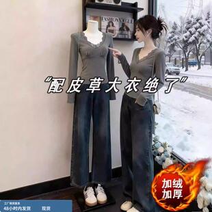 灰色蕾丝v领加绒打底衫女冬季巨好看皮草内搭露背上衣性感修身T恤