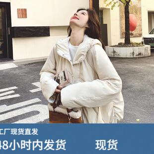 米白色羽绒服女冬季2025新款韩系简约休闲抽皱连帽白鸭绒短款外套