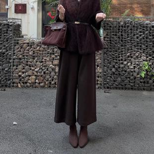 今年流行的爆款裤子女2025冬季新款加绒加厚咖色小个子九分阔腿裤
