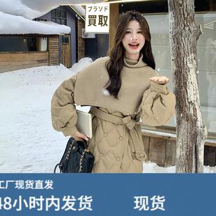 卡其色羽绒服女冬季2025新款韩版设计感针织披肩菱格收腰加厚外套
