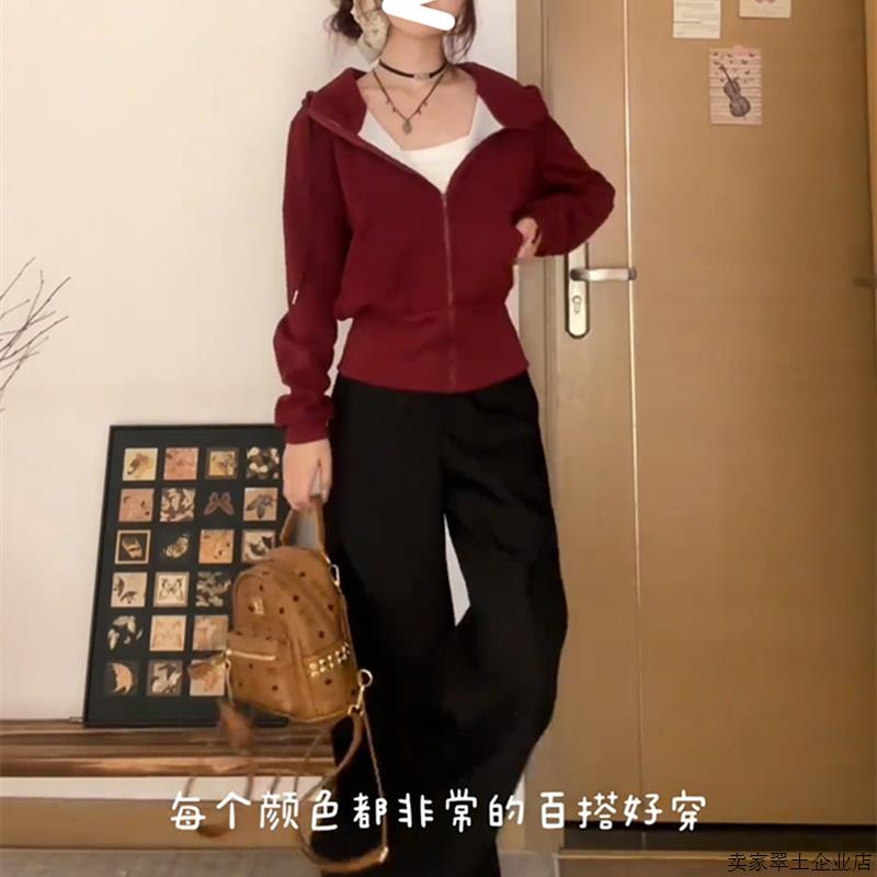 韩系修身收腰红色卫衣女早秋季2025新款爆款时尚洋气拉链开衫外套