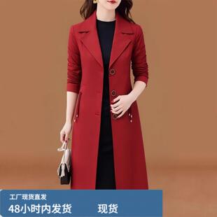 杭州意法薄款风衣女2026新款春中长款高端喜婆婆婚宴妈妈红色外套