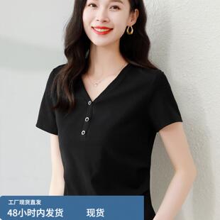 夏季2026新款爆款v领黑色短袖t恤女半袖修身显瘦上衣正肩高端体恤