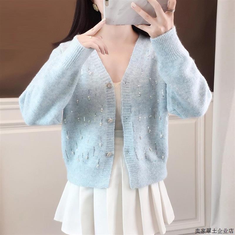 法式软糯钉珠毛衣女士秋冬季2025新款洋气短款针织衫外套百搭上衣