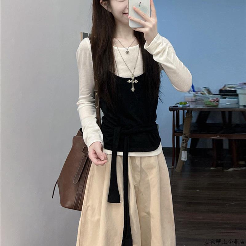 韩系慵懒松弛感上衣早秋穿搭长袖t恤女叠穿背心高级感巨好看套装