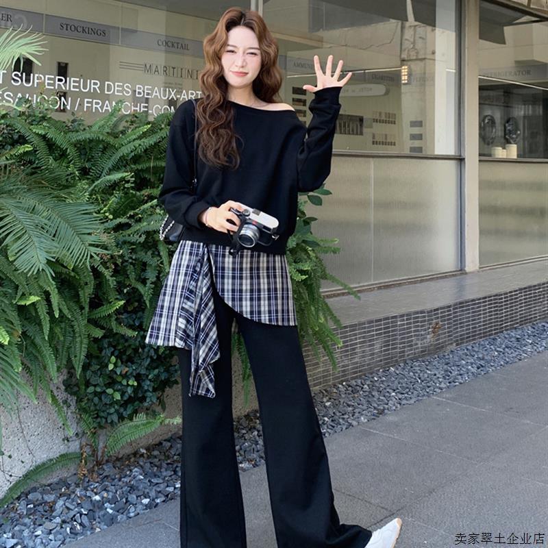 格纹拼接露肩黑色卫衣阔腿裤套装女春秋季韩系减龄ootd穿搭两件套