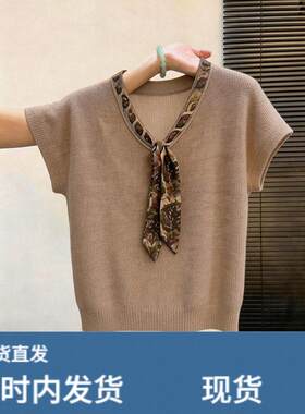 老钱风V领丝巾短袖针织衫女夏轻薄百搭显瘦时髦上衣