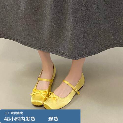 香港内增高芭蕾风方头绸缎单鞋女2026新款夏平底裙子玛丽珍晚晚鞋