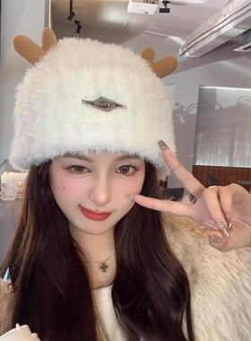 可爱毛绒鄂伦春族狍子角帽子鹿角帽狍角帽刘宇宁同款护耳帽显脸小